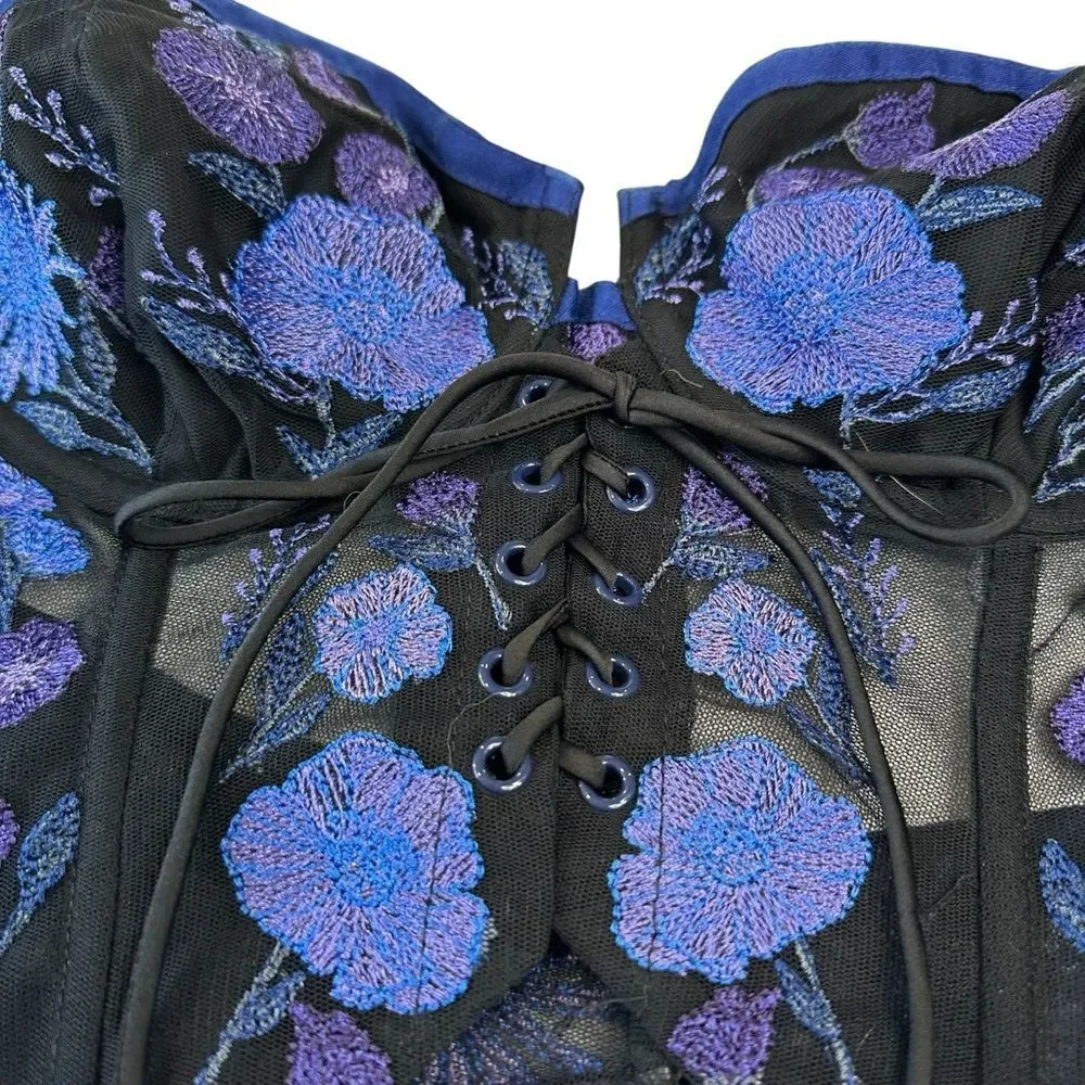 For Love And Lemons Kaylee Crop Top Black and Blue Floral Corset Bra, M - Picture 5 of 11